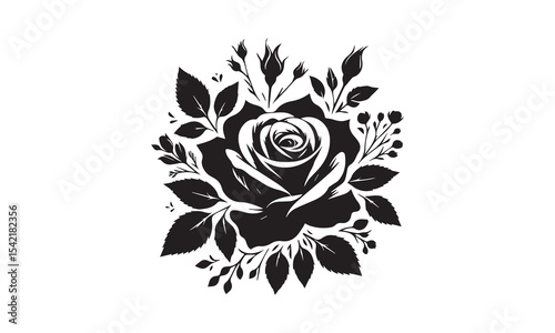 Rose Silhouette, Elegant Rose Silhouette Isolated on White Background