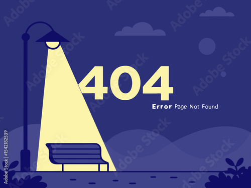 Dark themed 404 error page with street lamp spotlight and moody night background