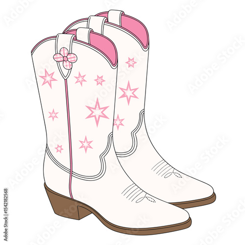Cowgirl Boots with pink Ribbon Bow Hand Drawn Doodle
