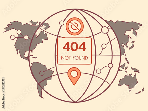 Broken internet globe icon split in half with bold 404 error notification