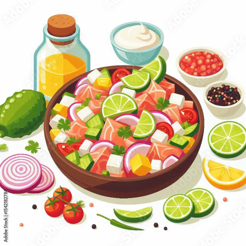 Colorful cartoon food illustration with assorted ingredients in a wooden bowl