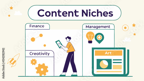 Illustration showing content niches including finance, creativity, management, and art categories shown
