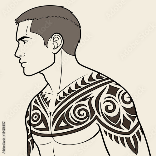 A tattooed male chest with tribal designs rendered in clean vector outlines