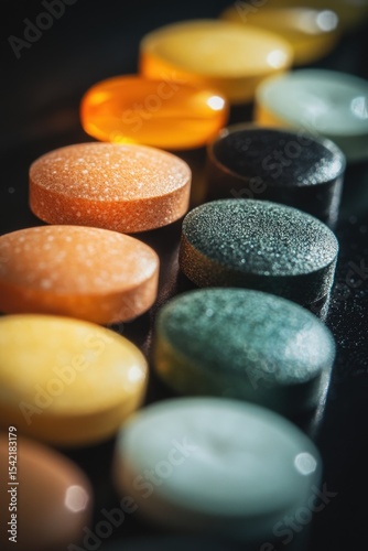 Close-up of various colored pills in a row