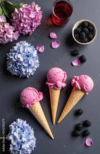 Flat lay of pink ice cream cones with hydrangeas