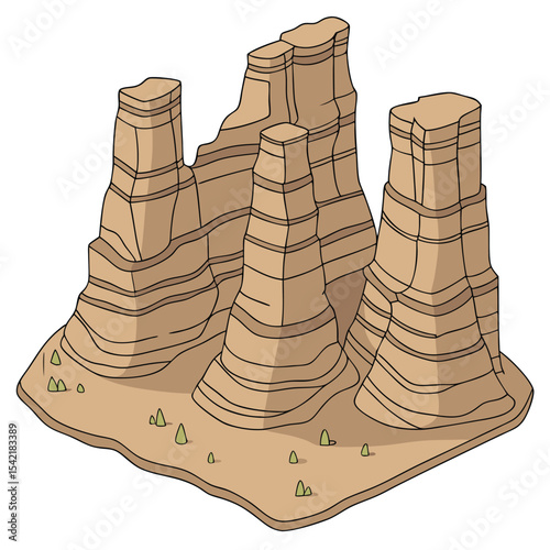 Stylized illustration of a desert landscape with eroded sandstone rock formations