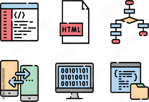 Coding icon set with code symbols, screens, and development tools for tech and programming projects.

