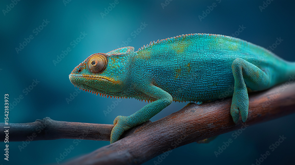 Fototapeta premium A detailed scene capturing close-up portrait of a vibrant chameleon: trioceros in its natural habitat - agamid lizard species.
