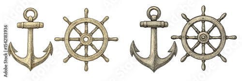 Nautical symbols of anchors and ship wheels represent maritime themes and adventures at sea