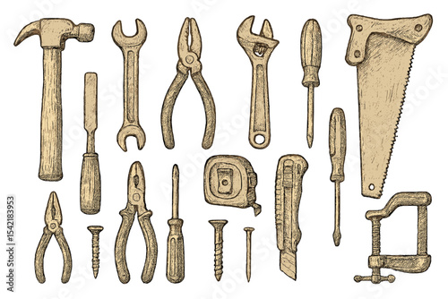 Collection of hand tools arranged neatly on a plain background for DIY projects and construction tasks