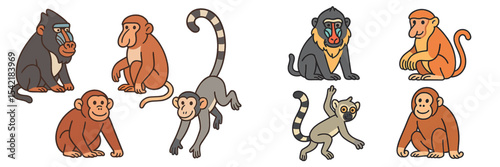 Different species of monkeys sitting together in a playful manner in a colorful illustration