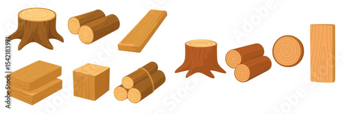 Various types of wooden logs and planks arranged on a white background for woodworking and design projects