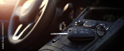 The car key resting on a stylish dashboard reflecting modern automotive design