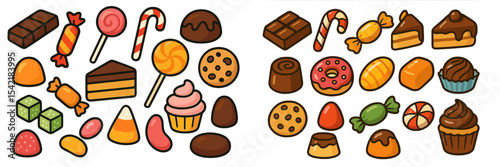Colorful assortment of candies and desserts displayed in a cheerful layout with various sweets and treats