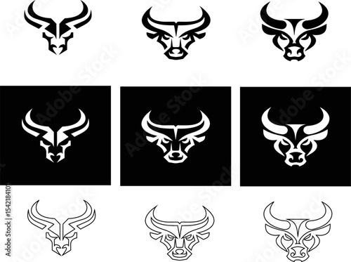 bull head vector icon set with detailed horns, bold symbol for impactful logos.