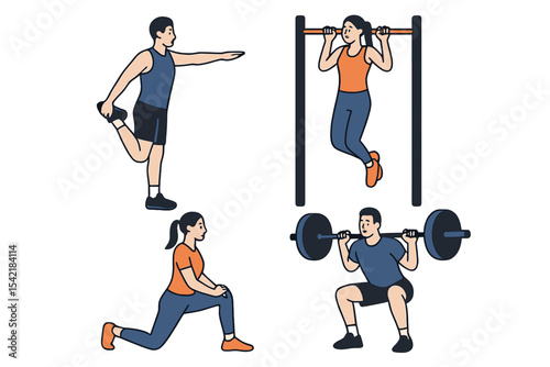 Fitness activities showcasing diverse exercises for strength training and flexibility in a studio setting