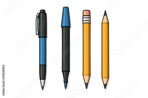 Writing tools include pen, ballpoint, pencil, and colored pencil arranged in a line on a white background for office and school use