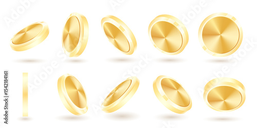 Set of gold coins in various dynamic positions, depicting motion and falling. Winning or jackpot concept. Vector illustration
