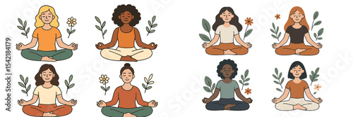 Women practicing yoga in a serene setting surrounded by plants and flowers during a peaceful afternoon