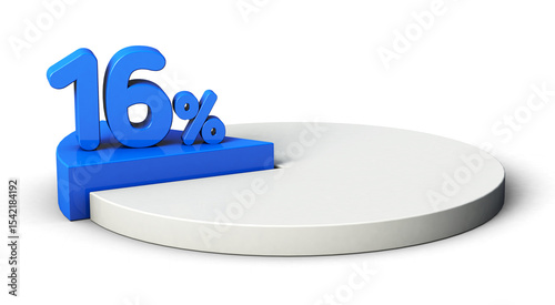 16% blue and white pie chart isolated on transparent background. 3d illustration.