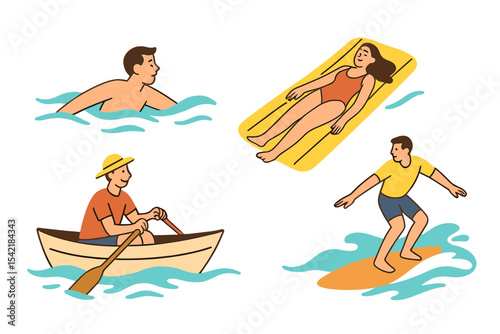 Water activities on a sunny day with swimming, boating, lounging, and surfing taking place at the beach