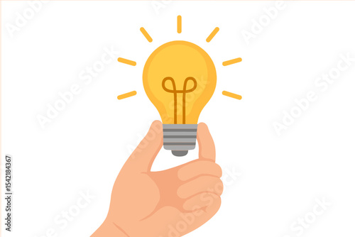 Bright light bulb held by a hand with rays shining around it in a simple and modern design