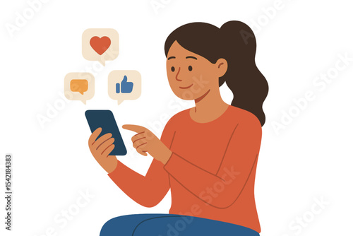Woman engages with smartphone while reading social media reactions in a bright, minimalistic setting