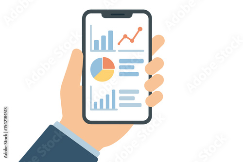 Analysis of business data displayed on a smartphone in a professional setting during daytime hours