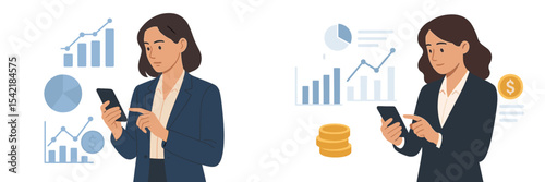 Professional woman analyzing financial data on smartphone during work hours in modern office environment
