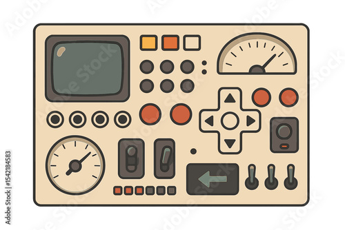 Control panel design with buttons, displays, and dials suitable for various machinery or electronic devices