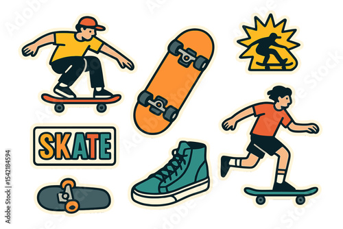Colorful skateboard stickers showcasing various skateboarding activities and styles captured in a vibrant urban setting