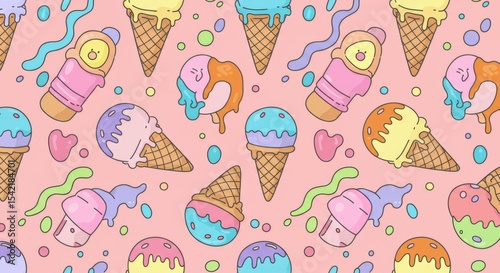 A playful and colorful seamless pattern featuring various ice cream cones and scoops, some melting, with sprinkles and candy bits, all on a light pink background.