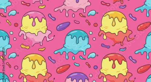 A lively and colorful seamless pattern featuring melting scoops of ice cream in various flavors with sprinkles, all on a vibrant pink background. Perfect for sweet and playful designs.