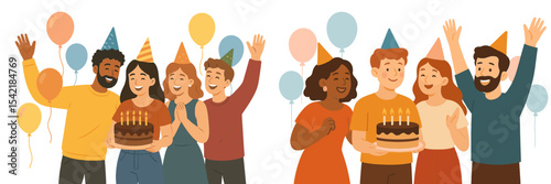Joyful celebration with friends at a birthday party surrounded by balloons and cake in a festive atmosphere