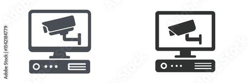 Surveillance camera icons displayed on computer screens in contrasting colors suitable for security applications
