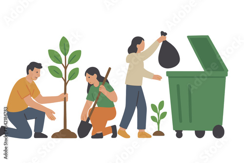 Community members engaging in tree planting and waste management in a neighborhood park during a local environmental initiative