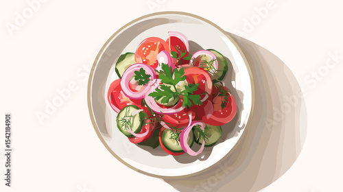 Fresh vegetable salad with cucumbers tomatoes onion and herbs in ceramic bowl Nutrition and diets