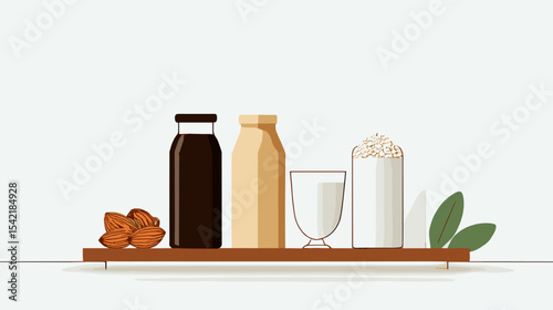 Assortment of plant-based milk bottles and ingredients on minimalist shelf Nutrition and diets