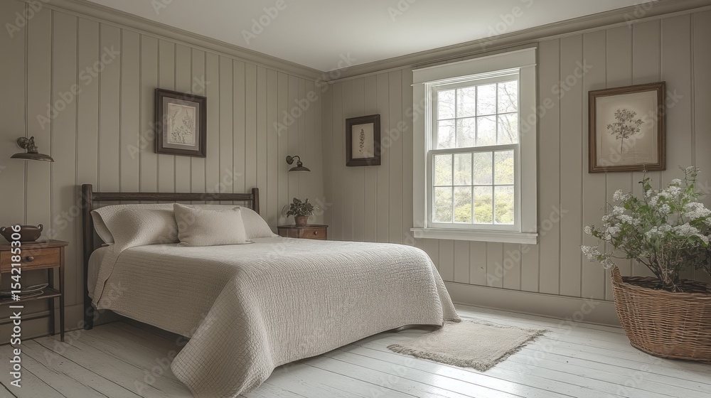 Fototapeta premium Serene Bedroom Interior Design: Neutral Tones and Natural Light