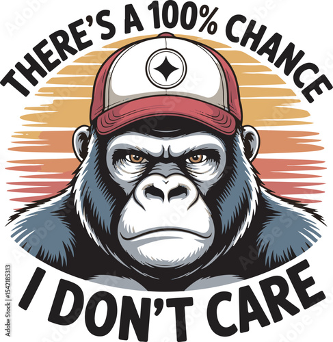 Theres a 100 Percent Chance I Dont Care Gorilla Wearing Red Baseball Cap Retro Sunset Graphic