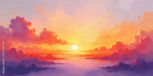 Bright orange and blue sunset over mountains and forests with a colourful cloudscape