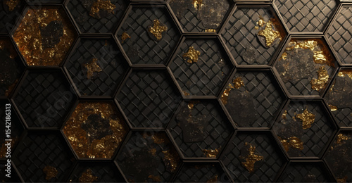 Seamless stone wall texture with hexagonal honeycomb pattern in gold and brown tones