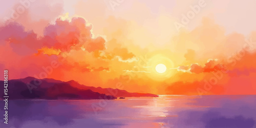 Beautiful orange and blue sunrise over the mountains and sea