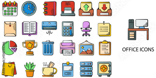 Office simple concept 24 hand drawn color icons set .Vector illustration.	