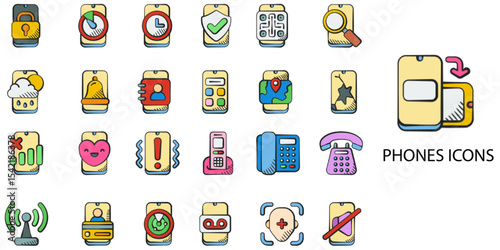 Phones simple concept 24 hand drawn color icons set .Vector illustration.	