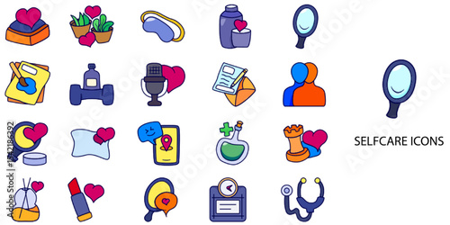 Selfcare simple concept 24 hand drawn color icons set .Vector illustration.	