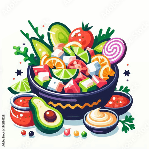 Colorful fruit and salad bowl with various dipping sauces in a cartoonlike illustration