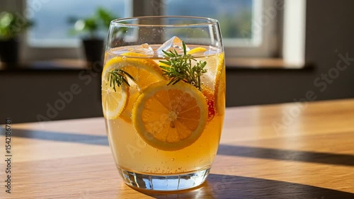 Refreshing citrus drink with lemon slices in sunlight