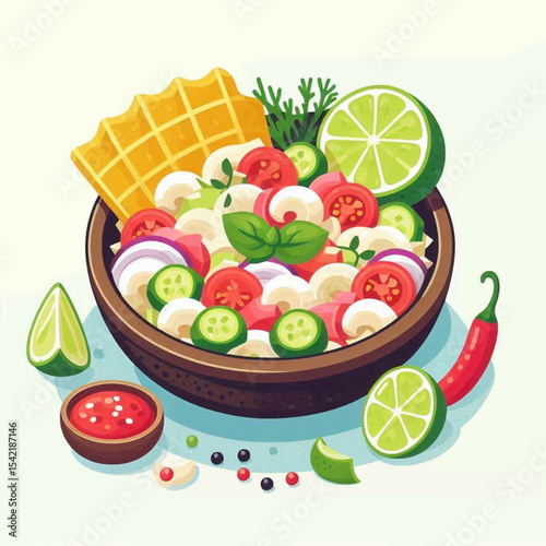 Colorful salad with waffle lime chili and a bowl of vinaigrette