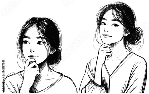Ephemeral Thoughts Asian woman short hair thinking portraits ink drawings linework ink sketch hand drawn pen drawing vector illustration background